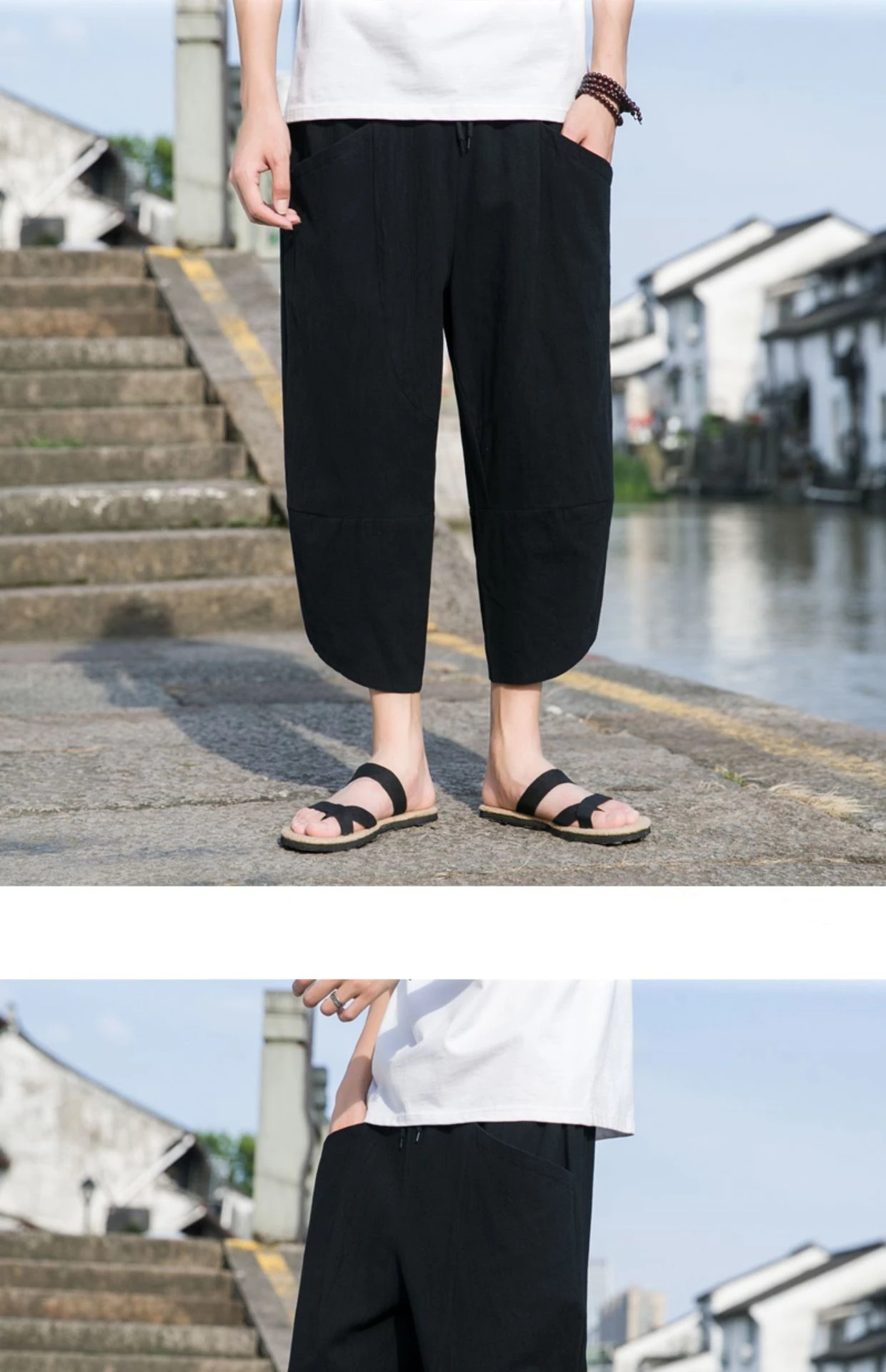 FGKKS 2024 Outdoor Casual Pants For Men Solid Color Slim-Fit Large Pocket Nine-Point Pants High Quality Casual Pants For Men