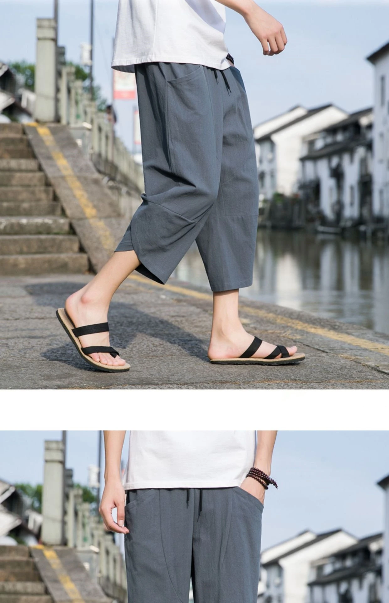 FGKKS 2024 Outdoor Casual Pants For Men Solid Color Slim-Fit Large Pocket Nine-Point Pants High Quality Casual Pants For Men