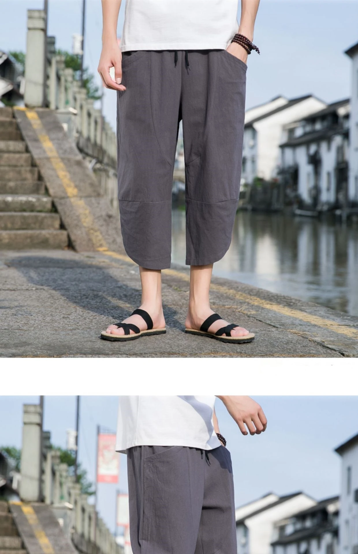 FGKKS 2024 Outdoor Casual Pants For Men Solid Color Slim-Fit Large Pocket Nine-Point Pants High Quality Casual Pants For Men
