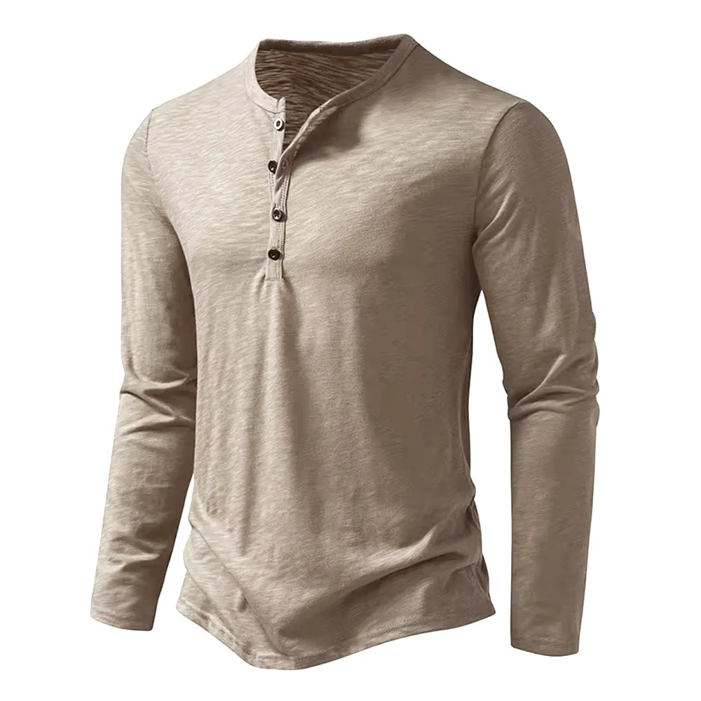 Autumn New Men's Cotton Button Long Sleeve Henley Neck T-Shirt Casual Solid Color Breathable Versatile Fashion Slim T-Shirts