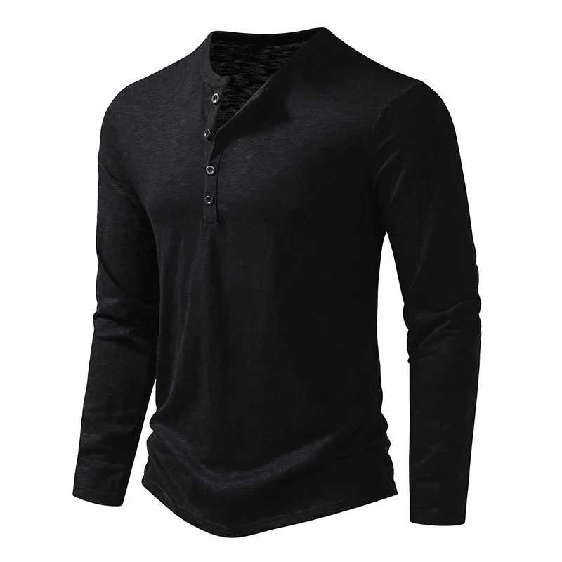 Autumn New Men's Cotton Button Long Sleeve Henley Neck T-Shirt Casual Solid Color Breathable Versatile Fashion Slim T-Shirts