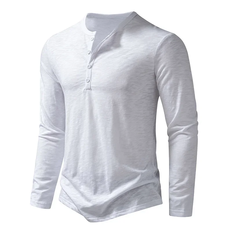 Autumn New Men's Cotton Button Long Sleeve Henley Neck T-Shirt Casual Solid Color Breathable Versatile Fashion Slim T-Shirts