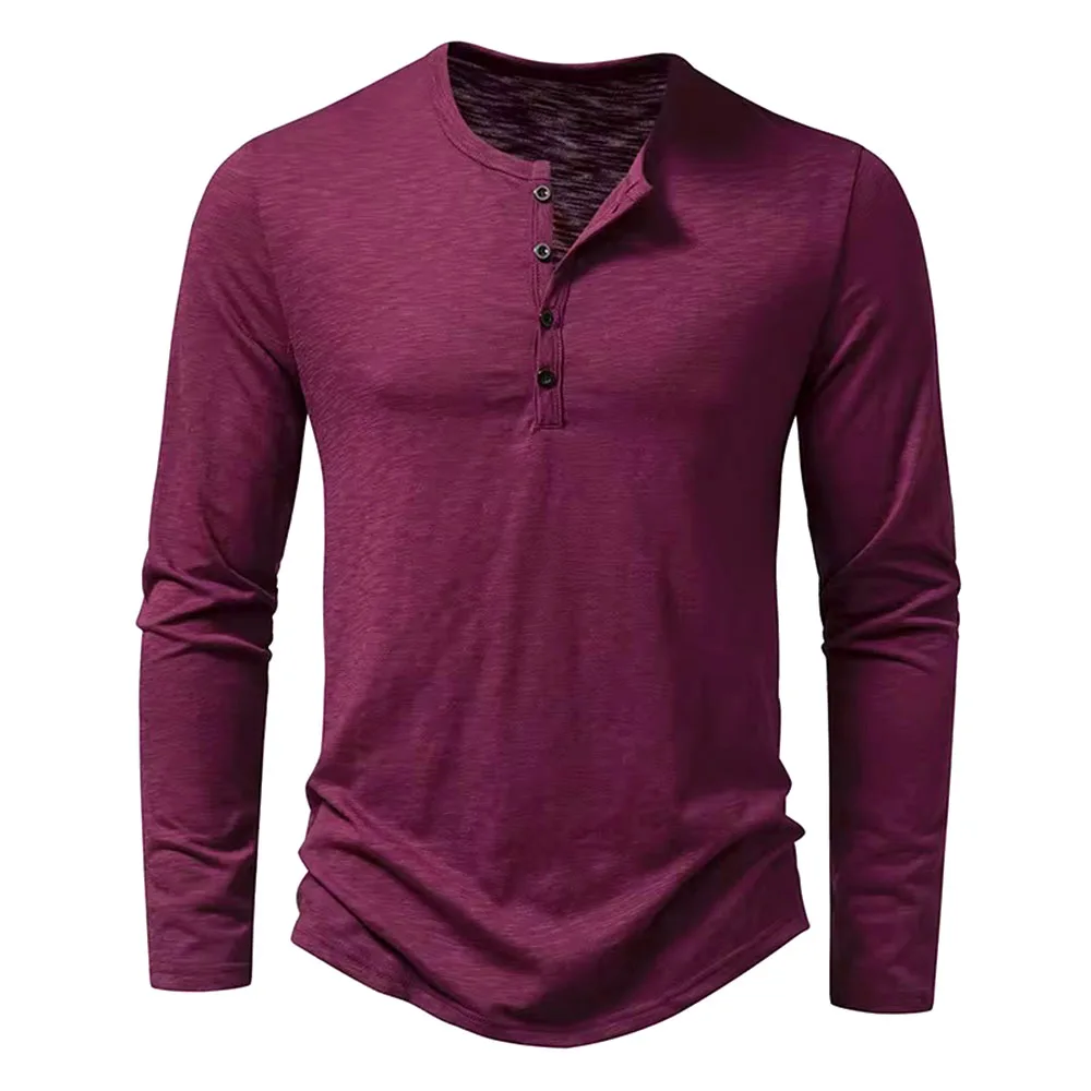 Autumn New Men's Cotton Button Long Sleeve Henley Neck T-Shirt Casual Solid Color Breathable Versatile Fashion Slim T-Shirts