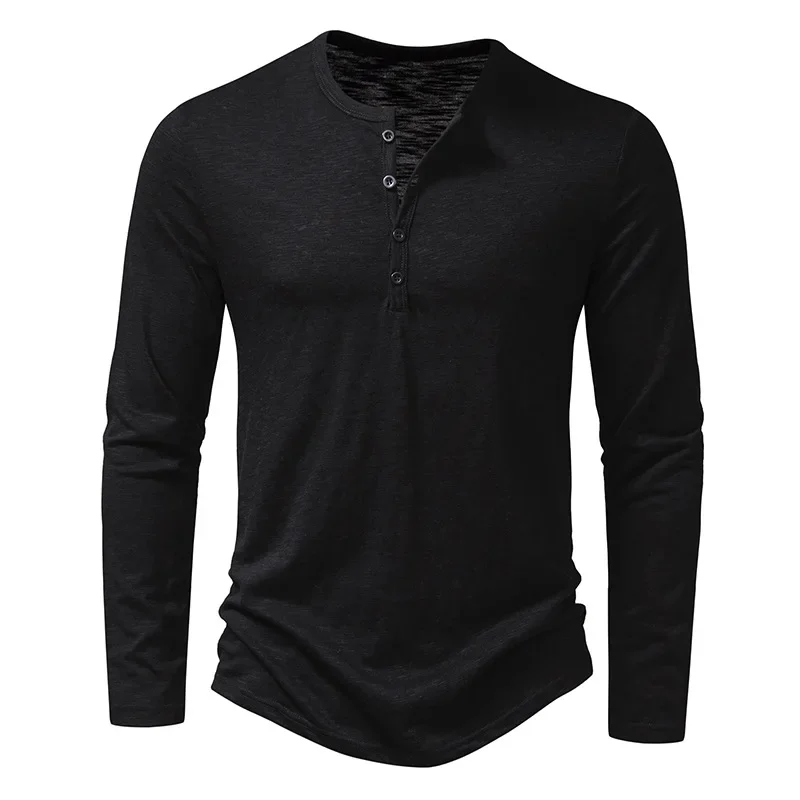 Autumn New Men's Cotton Button Long Sleeve Henley Neck T-Shirt Casual Solid Color Breathable Versatile Fashion Slim T-Shirts