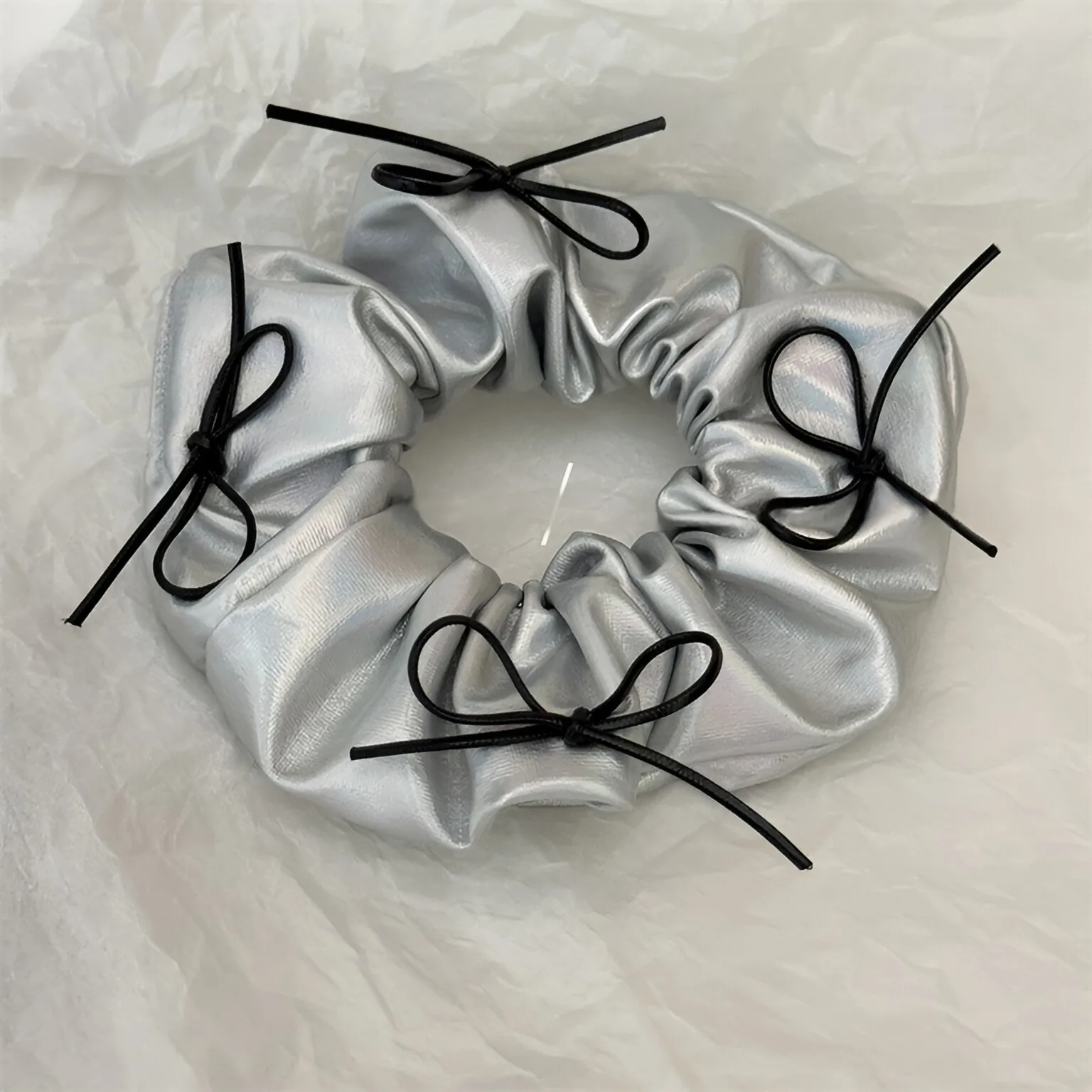 Silver Faux Leather Bow Oversized Scrunchies Girls College Student Hair Ties Ropes Women Elastic Hair Band Grey Ponytail Holder