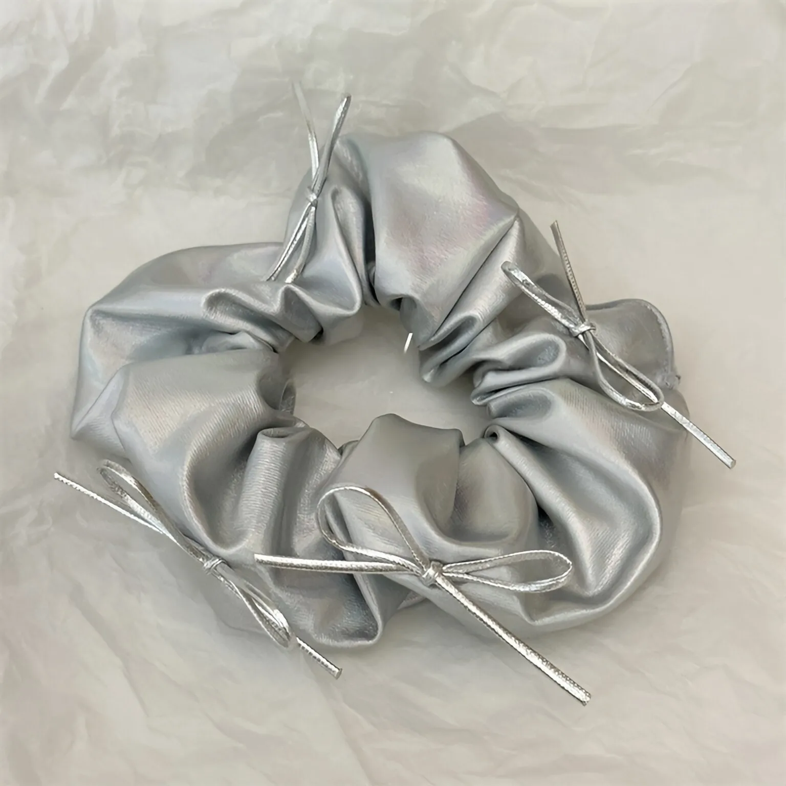 Silver Faux Leather Bow Oversized Scrunchies Girls College Student Hair Ties Ropes Women Elastic Hair Band Grey Ponytail Holder