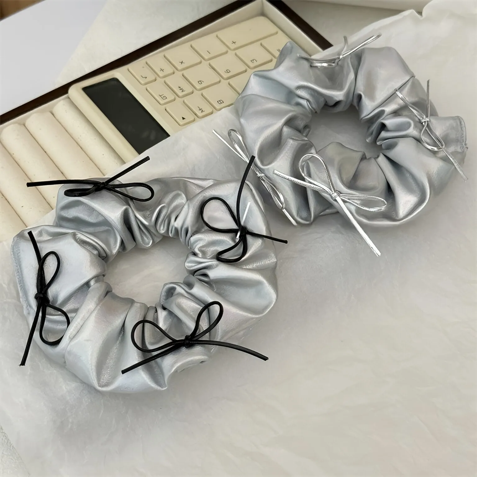 Silver Faux Leather Bow Oversized Scrunchies Girls College Student Hair Ties Ropes Women Elastic Hair Band Grey Ponytail Holder