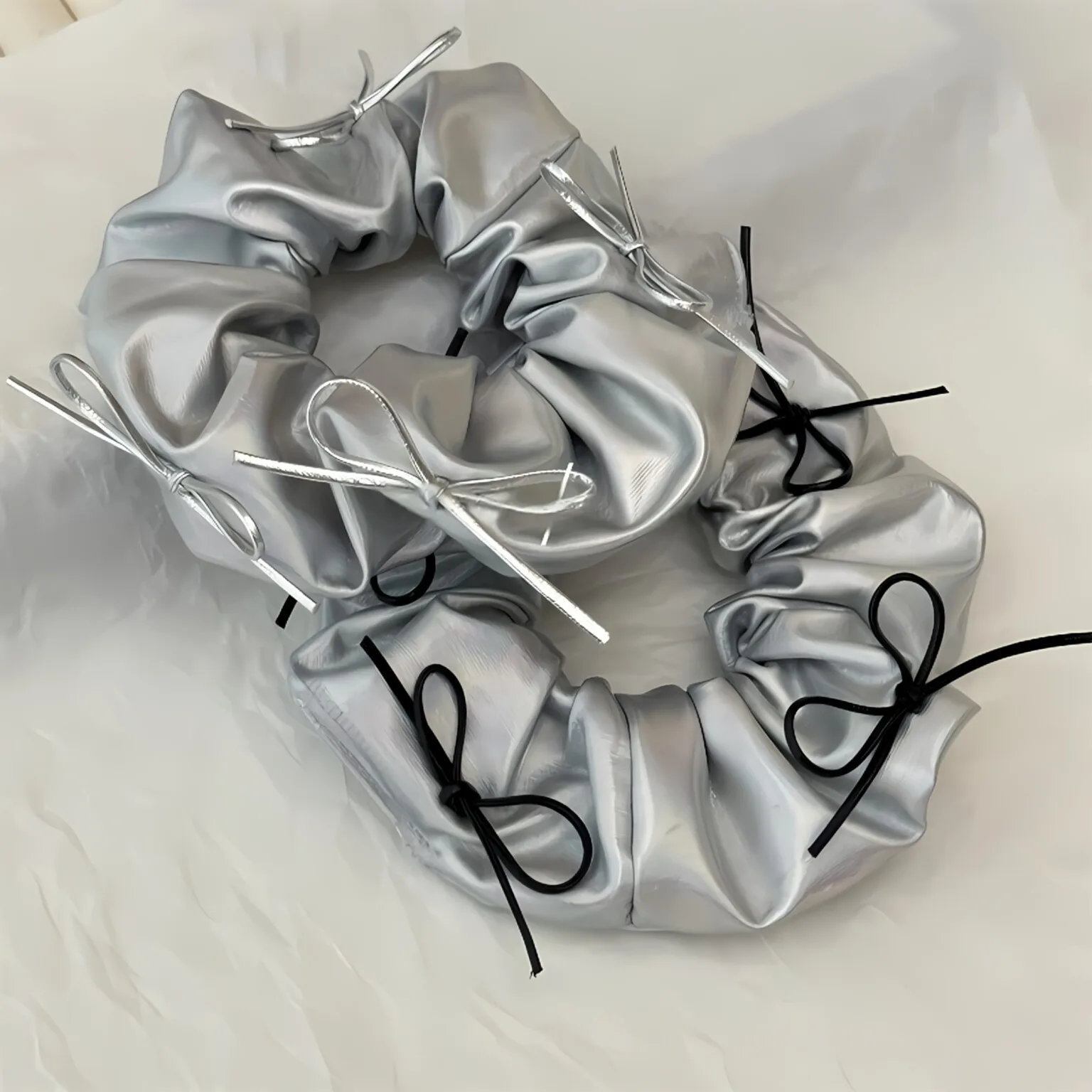 Silver Faux Leather Bow Oversized Scrunchies Girls College Student Hair Ties Ropes Women Elastic Hair Band Grey Ponytail Holder