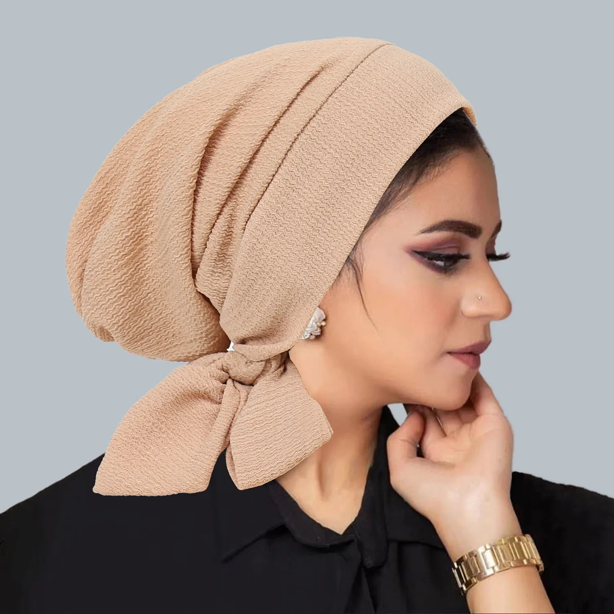 Ramadan Solid Color Crinkle Turban Hijab Hats Long Tail Head Wraps Elastic Muslim Hats Breathable Chemo Cap For Women Girls