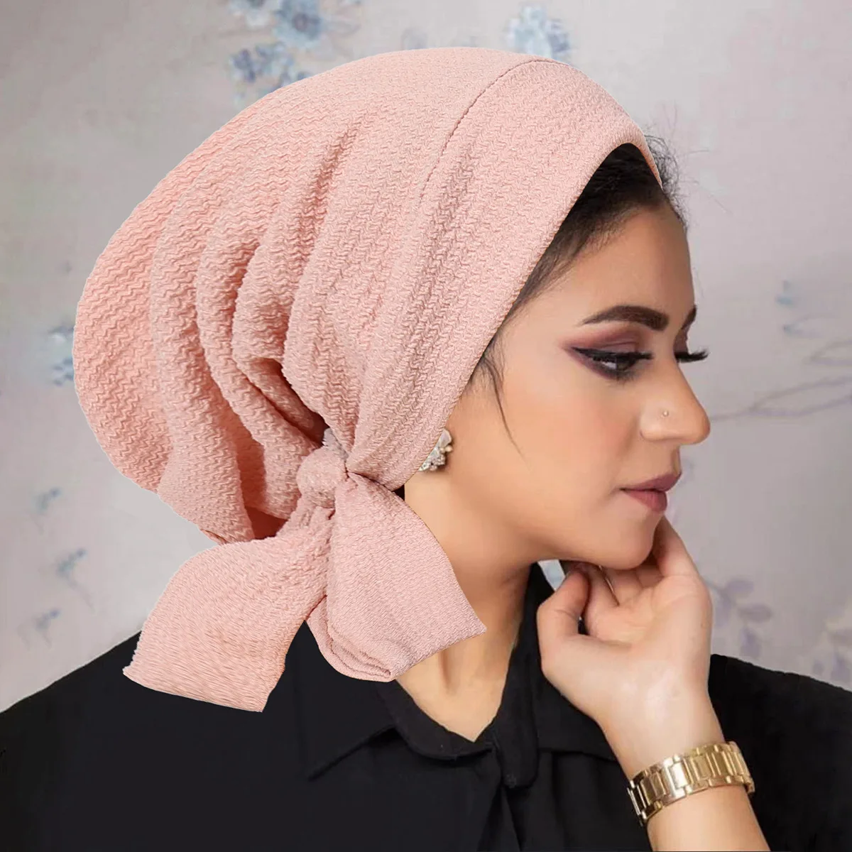 Ramadan Solid Color Crinkle Turban Hijab Hats Long Tail Head Wraps Elastic Muslim Hats Breathable Chemo Cap For Women Girls