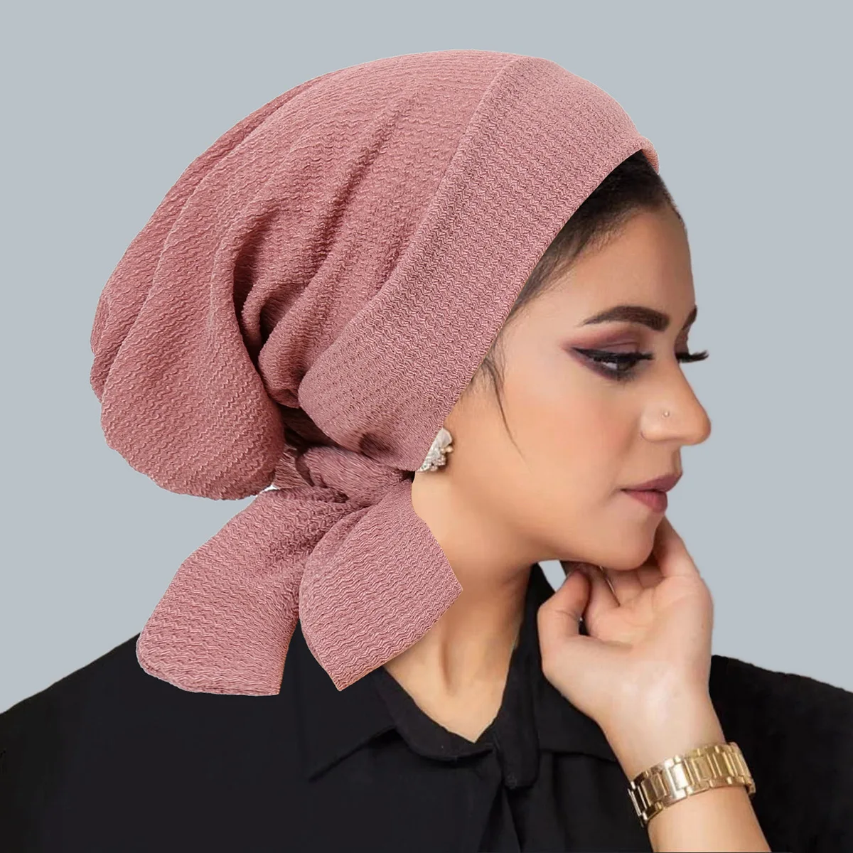 Ramadan Solid Color Crinkle Turban Hijab Hats Long Tail Head Wraps Elastic Muslim Hats Breathable Chemo Cap For Women Girls