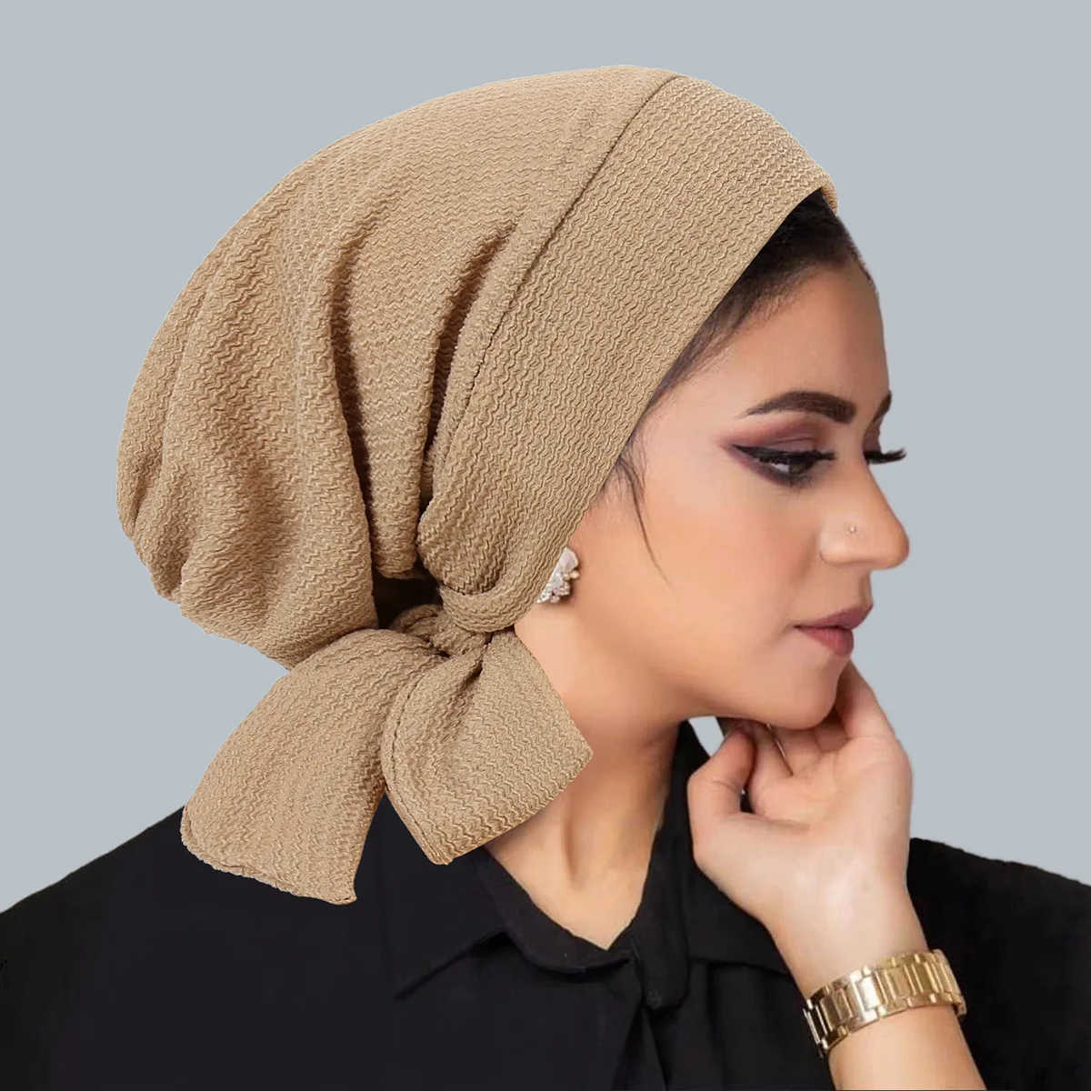 Ramadan Solid Color Crinkle Turban Hijab Hats Long Tail Head Wraps Elastic Muslim Hats Breathable Chemo Cap For Women Girls