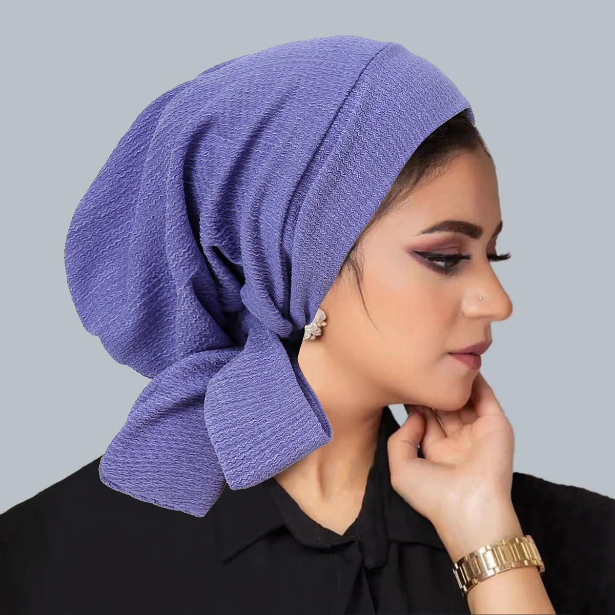 Ramadan Solid Color Crinkle Turban Hijab Hats Long Tail Head Wraps Elastic Muslim Hats Breathable Chemo Cap For Women Girls