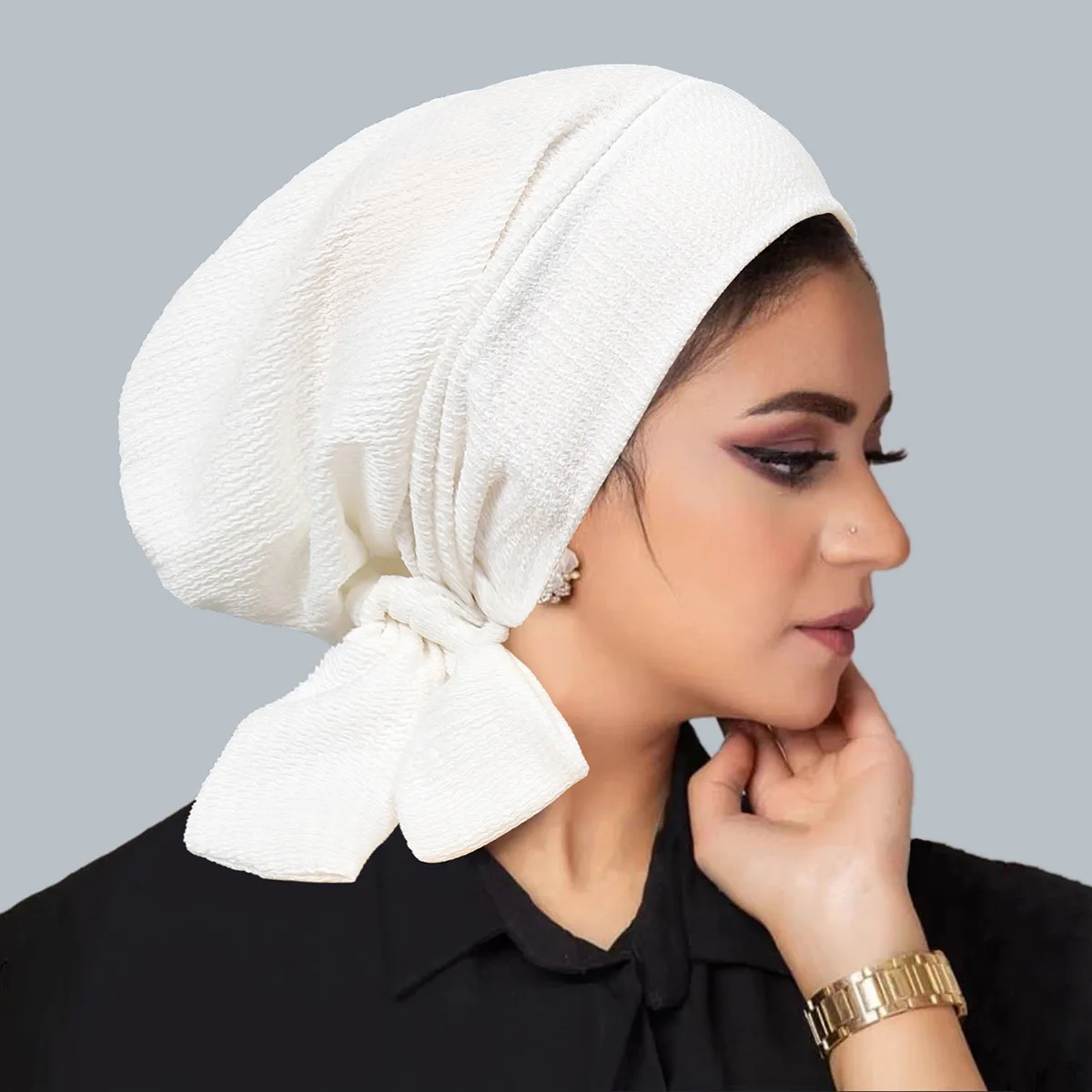Ramadan Solid Color Crinkle Turban Hijab Hats Long Tail Head Wraps Elastic Muslim Hats Breathable Chemo Cap For Women Girls