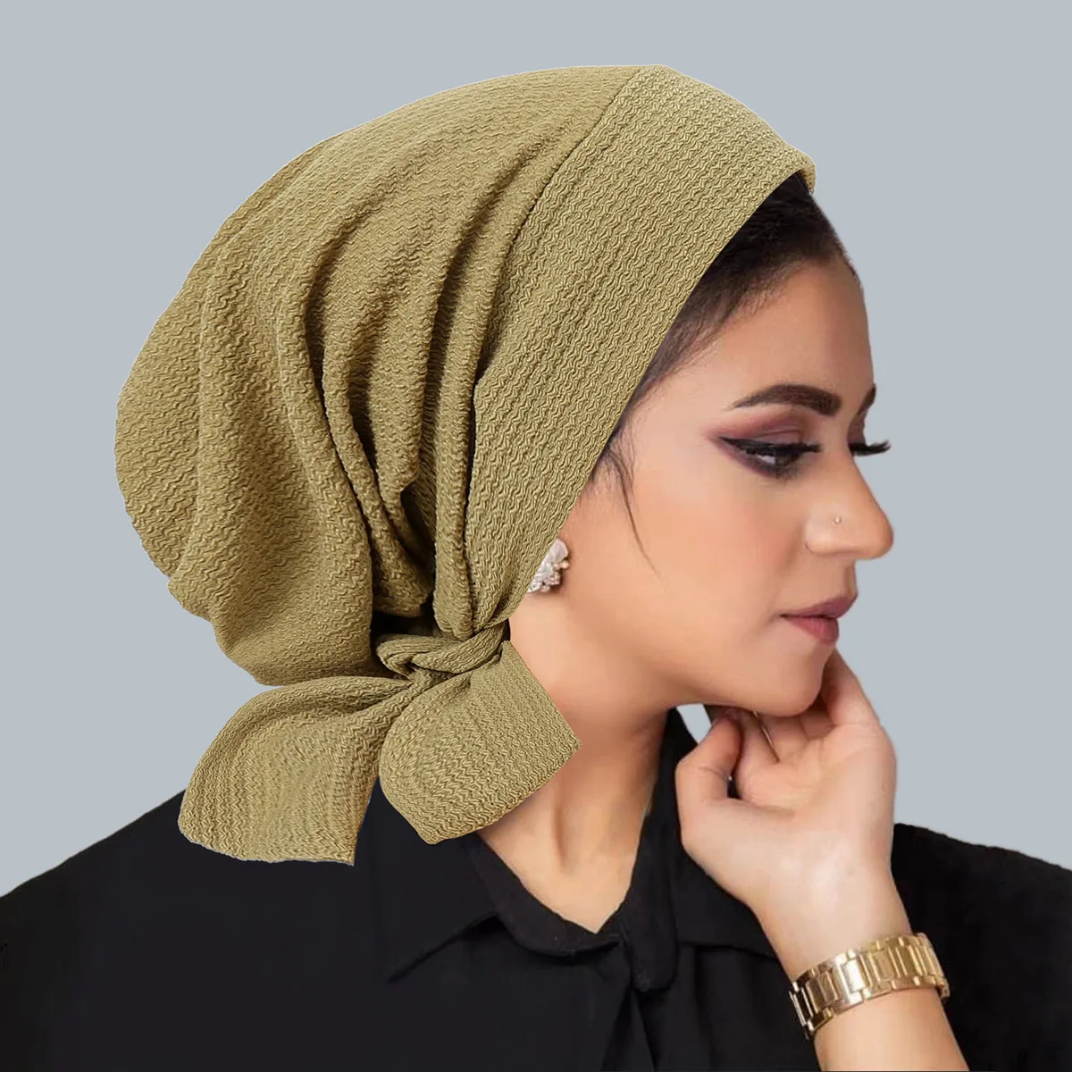 Ramadan Solid Color Crinkle Turban Hijab Hats Long Tail Head Wraps Elastic Muslim Hats Breathable Chemo Cap For Women Girls