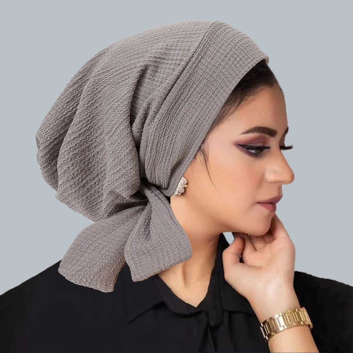 Ramadan Solid Color Crinkle Turban Hijab Hats Long Tail Head Wraps Elastic Muslim Hats Breathable Chemo Cap For Women Girls