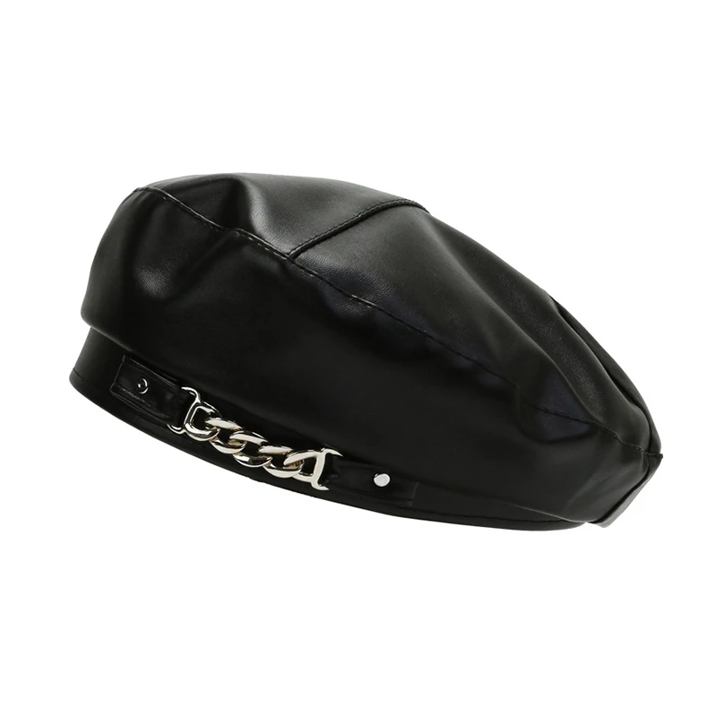 Women Fashion Vintage Elegant Metal Chain Leather Octagonal Beret Ladies Vintage Solid Colours Beret Caps