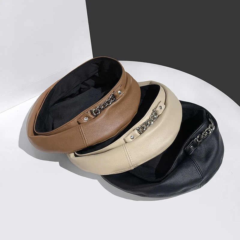Women Fashion Vintage Elegant Metal Chain Leather Octagonal Beret Ladies Vintage Solid Colours Beret Caps