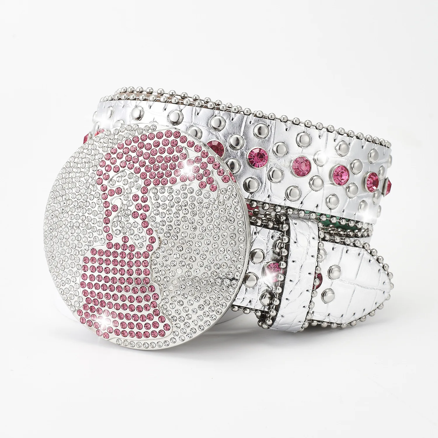 Western Leather belt BlingBling Diamond round buckle water Crystal diamond belt punk style Unisex PU Synthetic belt