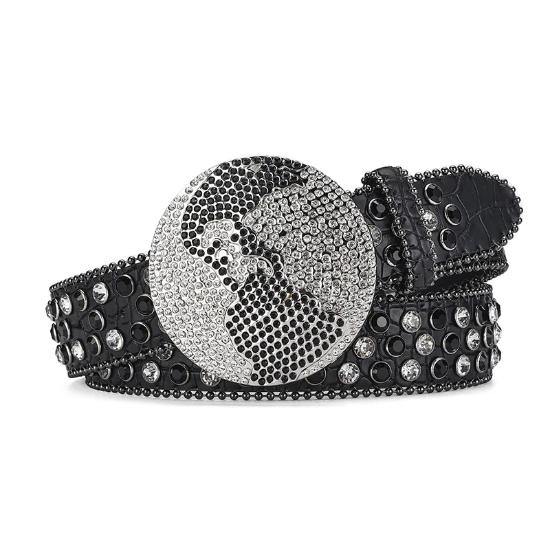 Western Leather belt BlingBling Diamond round buckle water Crystal diamond belt punk style Unisex PU Synthetic belt
