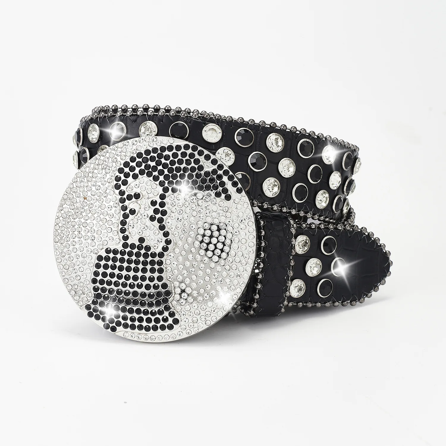 Western Leather belt BlingBling Diamond round buckle water Crystal diamond belt punk style Unisex PU Synthetic belt