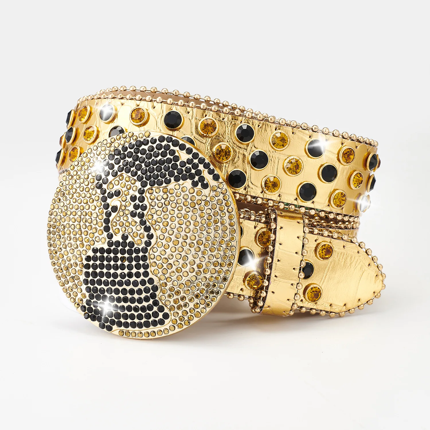 Western Leather belt BlingBling Diamond round buckle water Crystal diamond belt punk style Unisex PU Synthetic belt