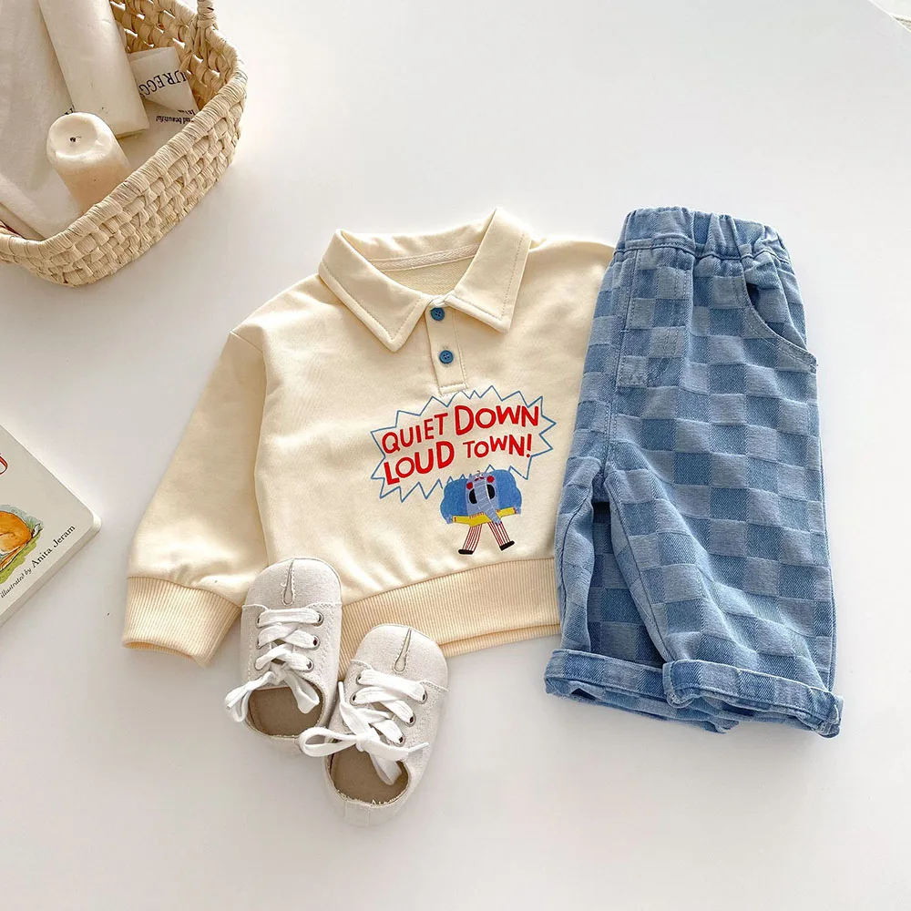 2026 Spring New 1-5Y Children Jeans Boys Denim Pants Mid Waist Girls Trousers Fashion Kids Plaid Pants