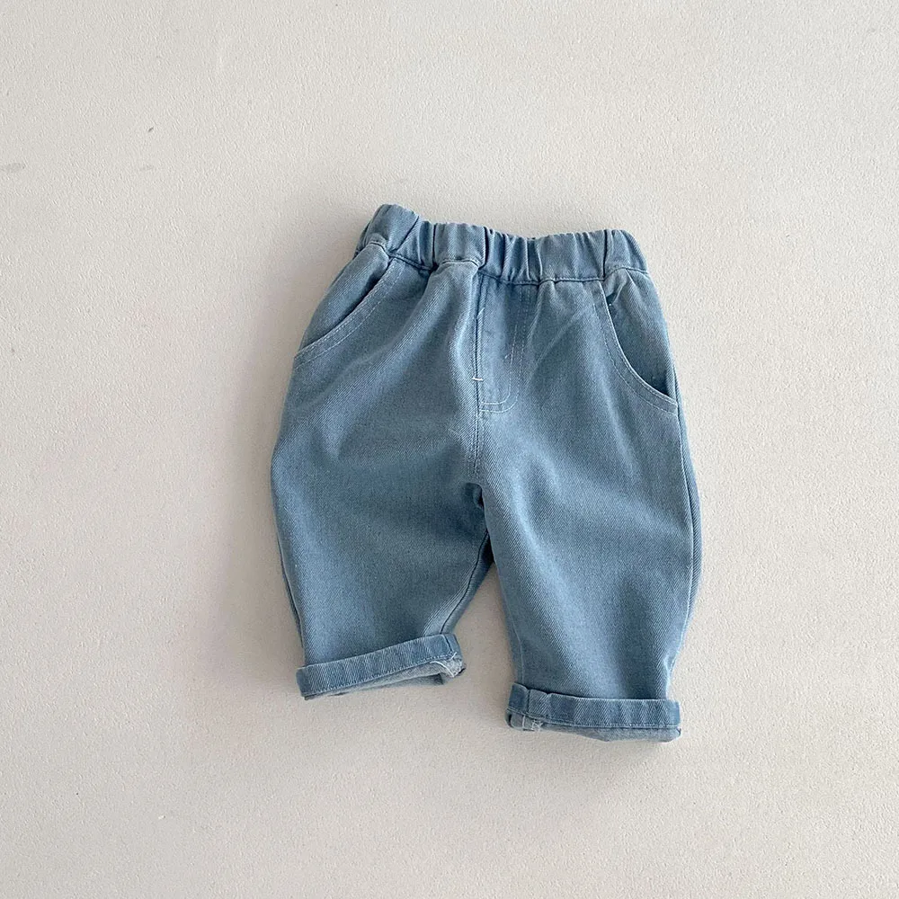 2026 Spring New 1-5Y Children Jeans Boys Denim Pants Mid Waist Girls Trousers Fashion Kids Plaid Pants