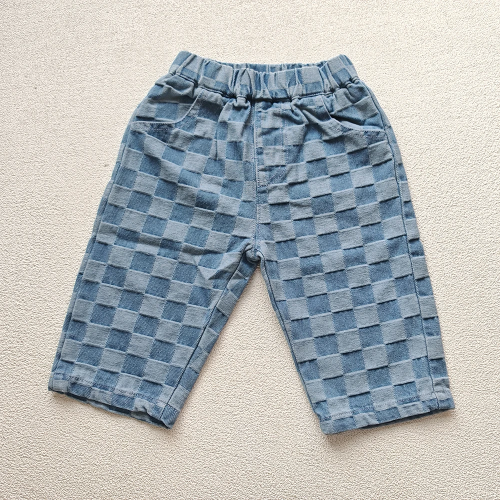 2026 Spring New 1-5Y Children Jeans Boys Denim Pants Mid Waist Girls Trousers Fashion Kids Plaid Pants