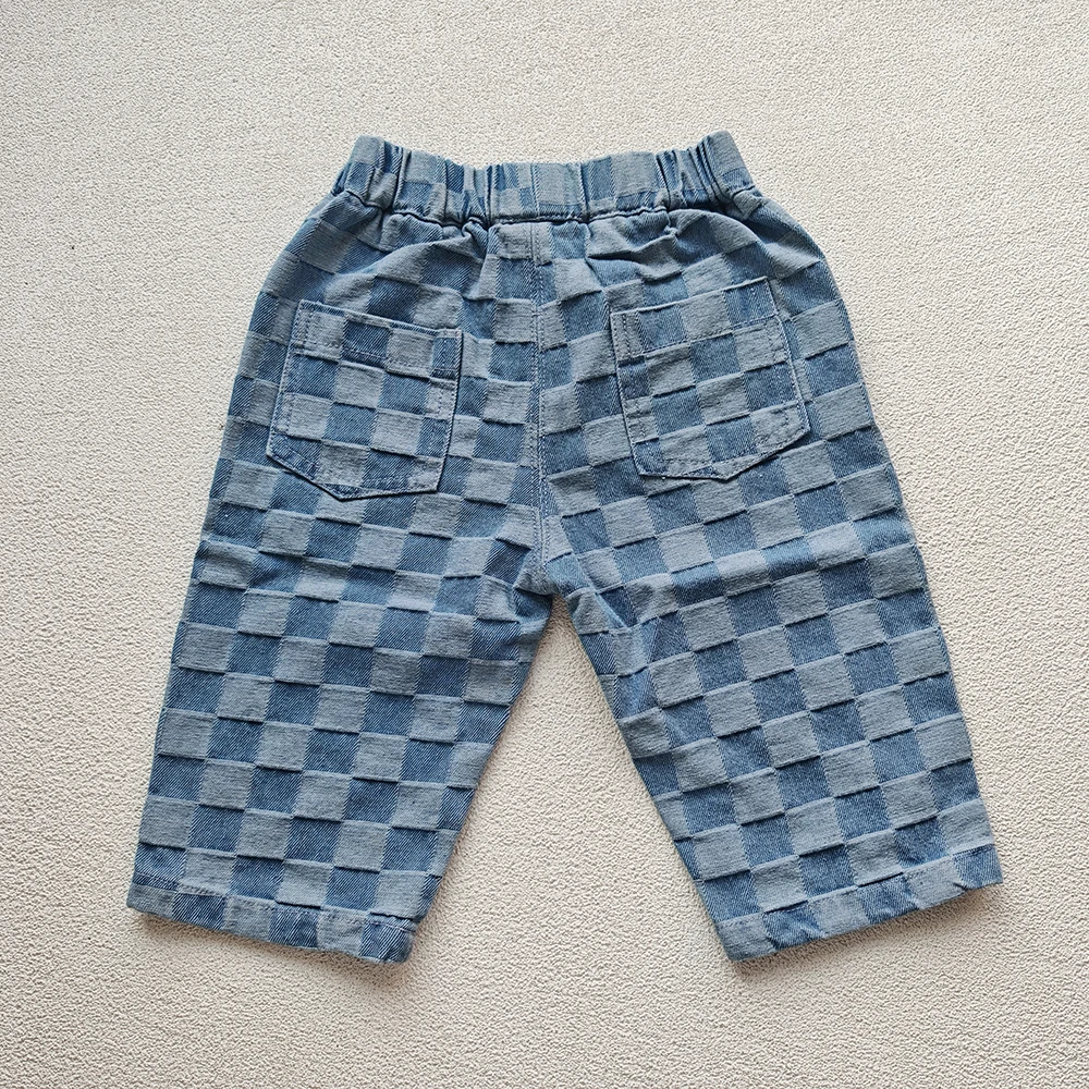 2026 Spring New 1-5Y Children Jeans Boys Denim Pants Mid Waist Girls Trousers Fashion Kids Plaid Pants