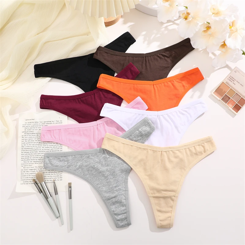 FINETOO 1/2/3/5/8Pcs Cotton Solid Thongs Women's Panties Sexy Low Waist Underwear Female Breathable G-string Soft Lingerie S-XL