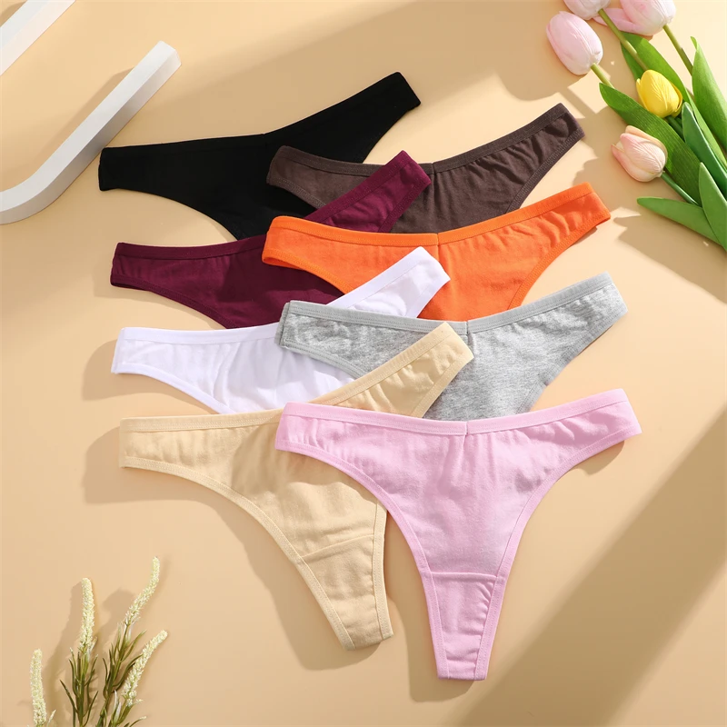 FINETOO 1/2/3/5/8Pcs Cotton Solid Thongs Women's Panties Sexy Low Waist Underwear Female Breathable G-string Soft Lingerie S-XL