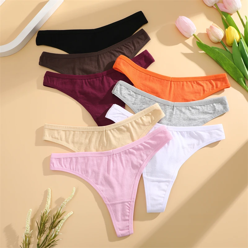 FINETOO 1/2/3/5/8Pcs Cotton Solid Thongs Women's Panties Sexy Low Waist Underwear Female Breathable G-string Soft Lingerie S-XL