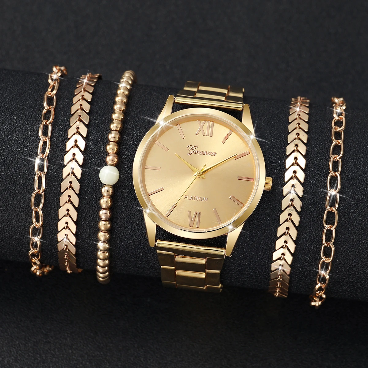 3/6PCS Women's Watch Fashion Gold Steel Band Quartz Watches Bracelets Set(Without Box)