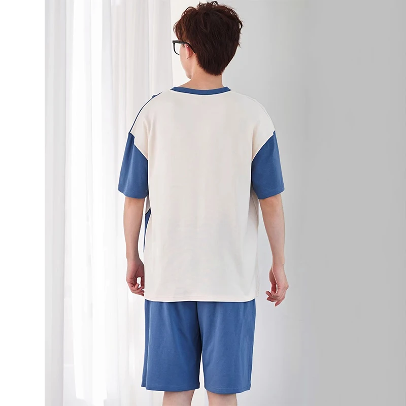 Men Pajamas Short-Sleeved Teenagers Loose Large Size Casual Homewear Grey Plaid Pullover Easy to Clean Cartoon Sleepwear