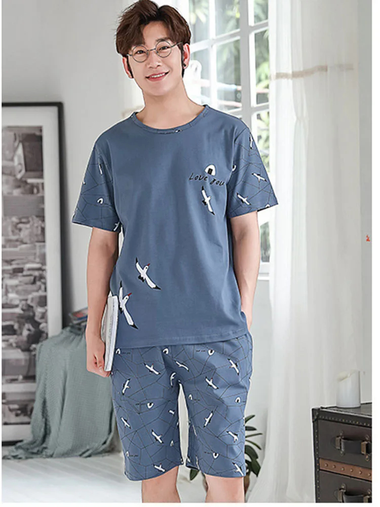 Men Pajamas Short-Sleeved Teenagers Loose Large Size Casual Homewear Grey Plaid Pullover Easy to Clean Cartoon Sleepwear