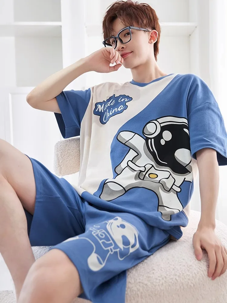 Men Pajamas Short-Sleeved Teenagers Loose Large Size Casual Homewear Grey Plaid Pullover Easy to Clean Cartoon Sleepwear