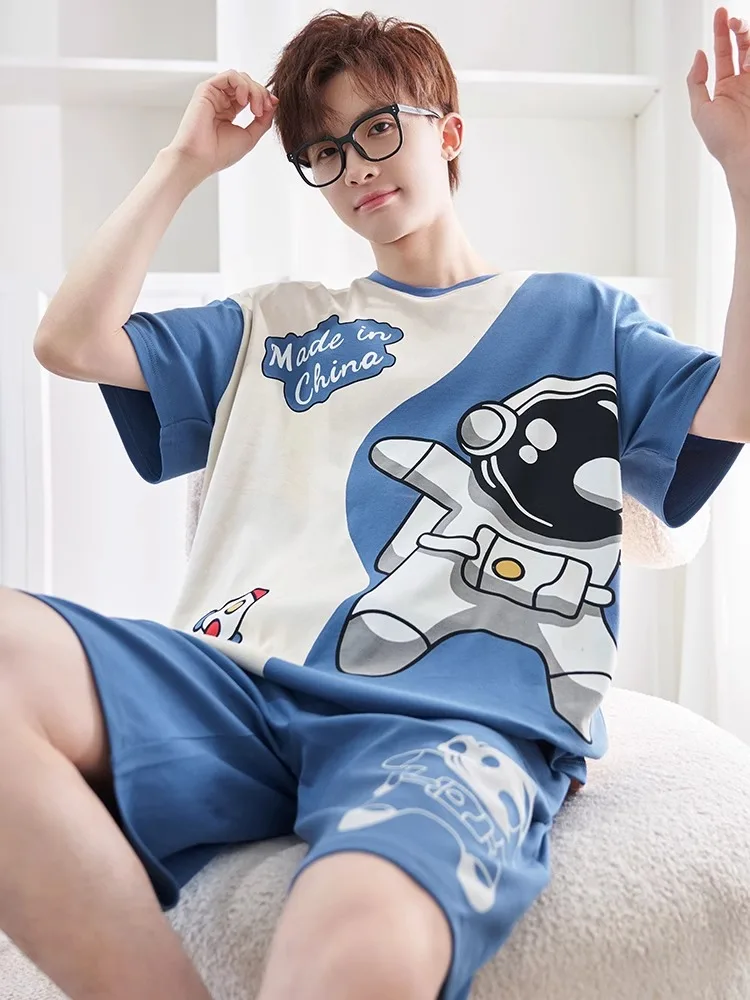 Men Pajamas Short-Sleeved Teenagers Loose Large Size Casual Homewear Grey Plaid Pullover Easy to Clean Cartoon Sleepwear