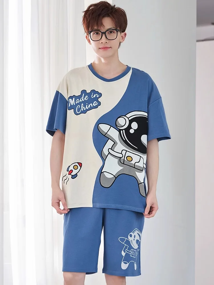 Men Pajamas Short-Sleeved Teenagers Loose Large Size Casual Homewear Grey Plaid Pullover Easy to Clean Cartoon Sleepwear