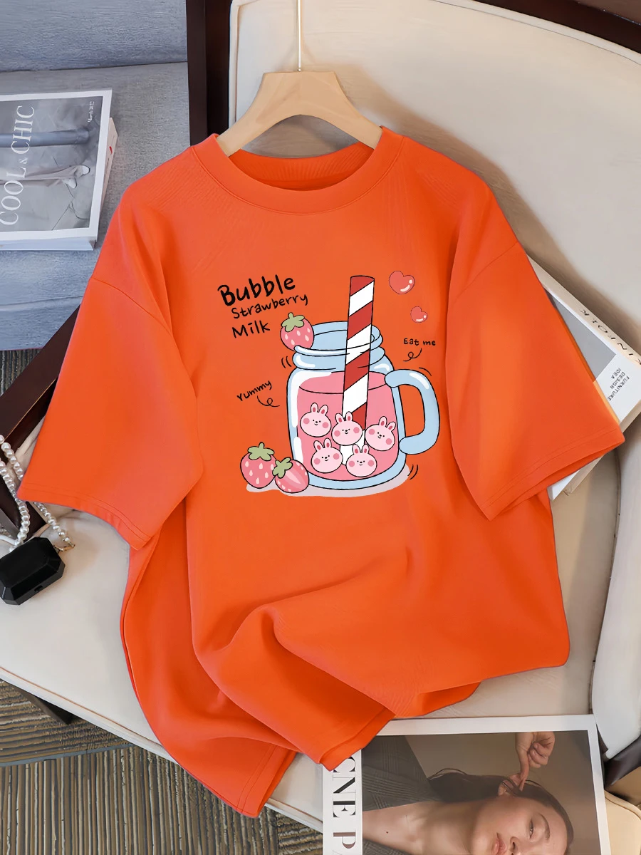 Delicious Strawberry Beverage Print Women T Shirt Summer Breathable Tee Cotton Street Clothing Casual Sport Cool Short Sleeve