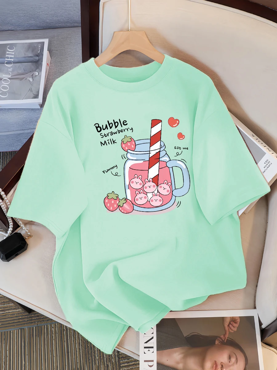 Delicious Strawberry Beverage Print Women T Shirt Summer Breathable Tee Cotton Street Clothing Casual Sport Cool Short Sleeve