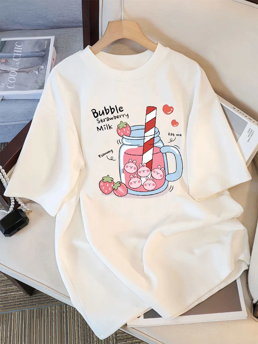 Delicious Strawberry Beverage Print Women T Shirt Summer Breathable Tee Cotton Street Clothing Casual Sport Cool Short Sleeve