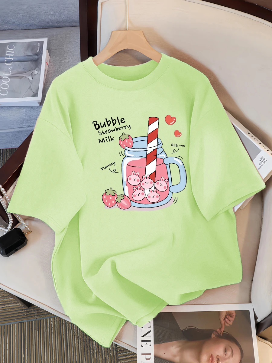 Delicious Strawberry Beverage Print Women T Shirt Summer Breathable Tee Cotton Street Clothing Casual Sport Cool Short Sleeve