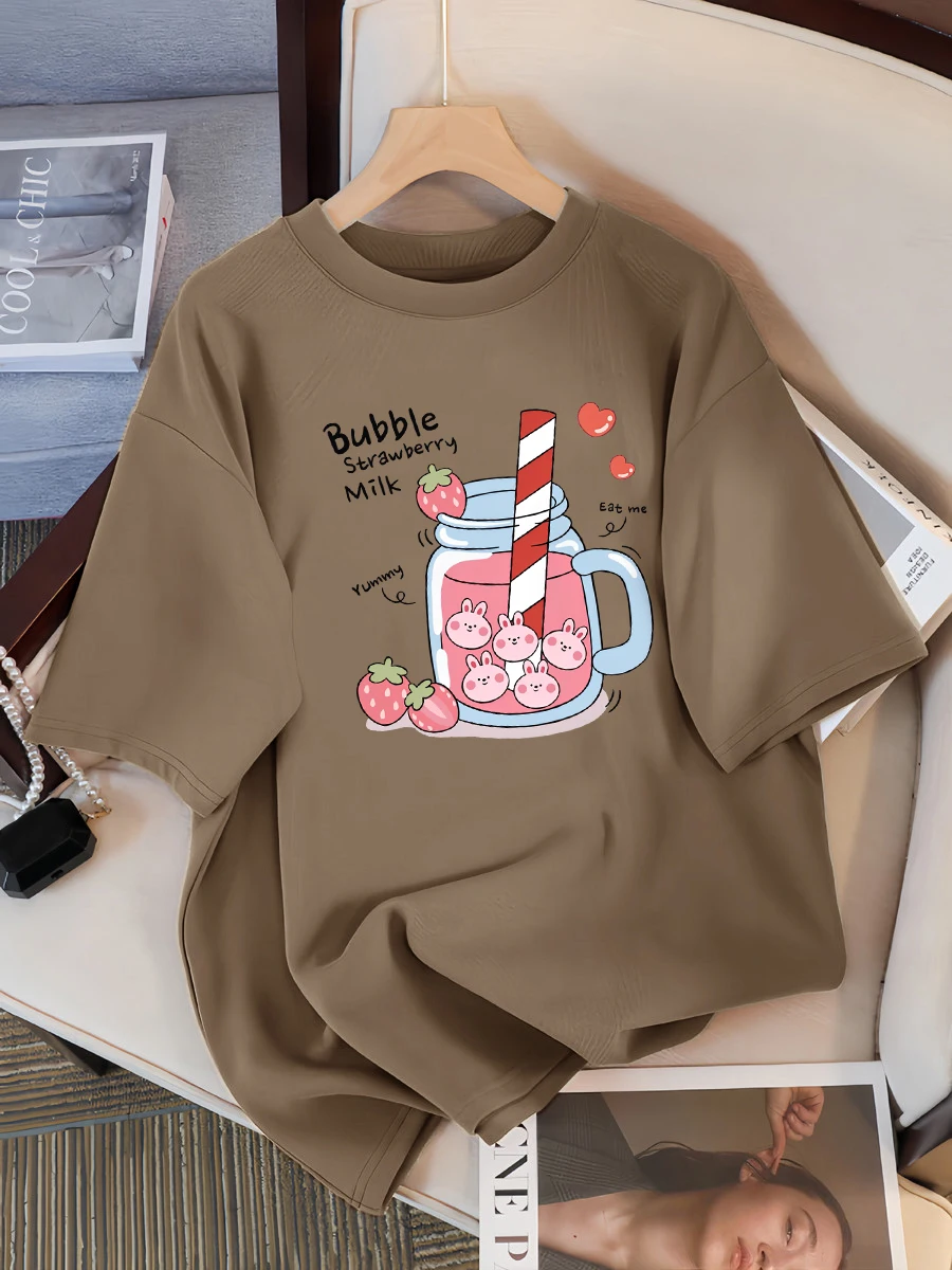 Delicious Strawberry Beverage Print Women T Shirt Summer Breathable Tee Cotton Street Clothing Casual Sport Cool Short Sleeve