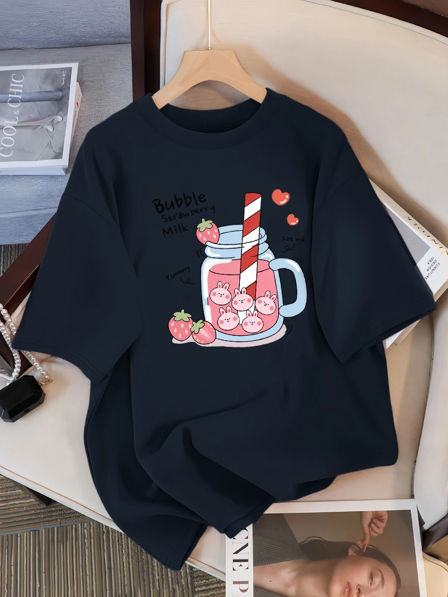 Delicious Strawberry Beverage Print Women T Shirt Summer Breathable Tee Cotton Street Clothing Casual Sport Cool Short Sleeve