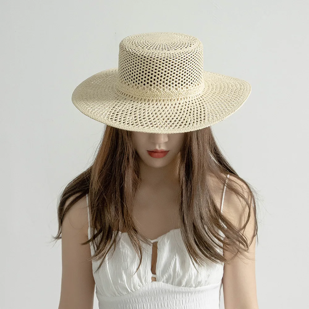 USPOP New Spring Summer Fashion Casual Hand-woven Hollow Wide Brim Straw Hat Breathable Beach Hat Straw Jazz Fedoras