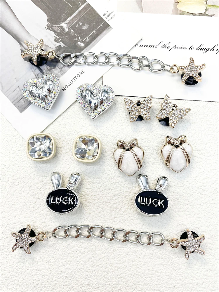 12PCS Shoe Charms ABS Accessories Decorations DIY Clog Ornament Glitter Rhinestone Buckle Star Chain Pins For Women Garden Shoes