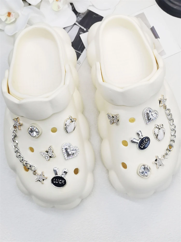 12PCS Shoe Charms ABS Accessories Decorations DIY Clog Ornament Glitter Rhinestone Buckle Star Chain Pins For Women Garden Shoes