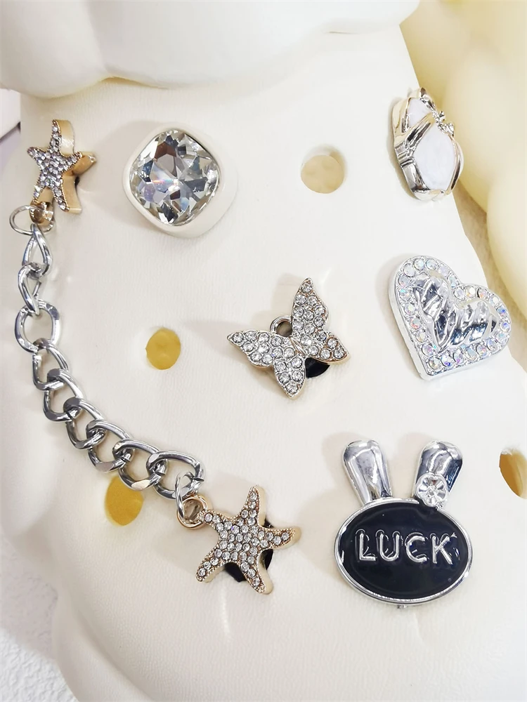 12PCS Shoe Charms ABS Accessories Decorations DIY Clog Ornament Glitter Rhinestone Buckle Star Chain Pins For Women Garden Shoes
