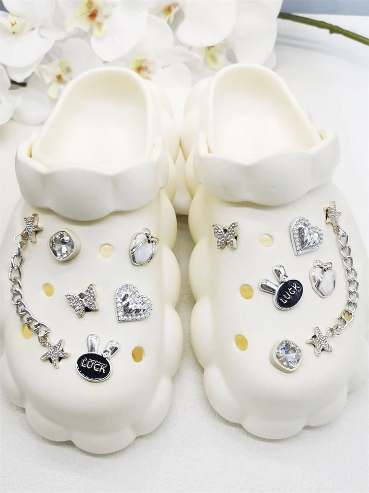 12PCS Shoe Charms ABS Accessories Decorations DIY Clog Ornament Glitter Rhinestone Buckle Star Chain Pins For Women Garden Shoes